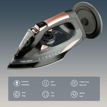 Праска 3000W з керамічною підошвою - праска з парою, самоочищення, резервуар 340мл, автоматичне вимкнення (чорна)