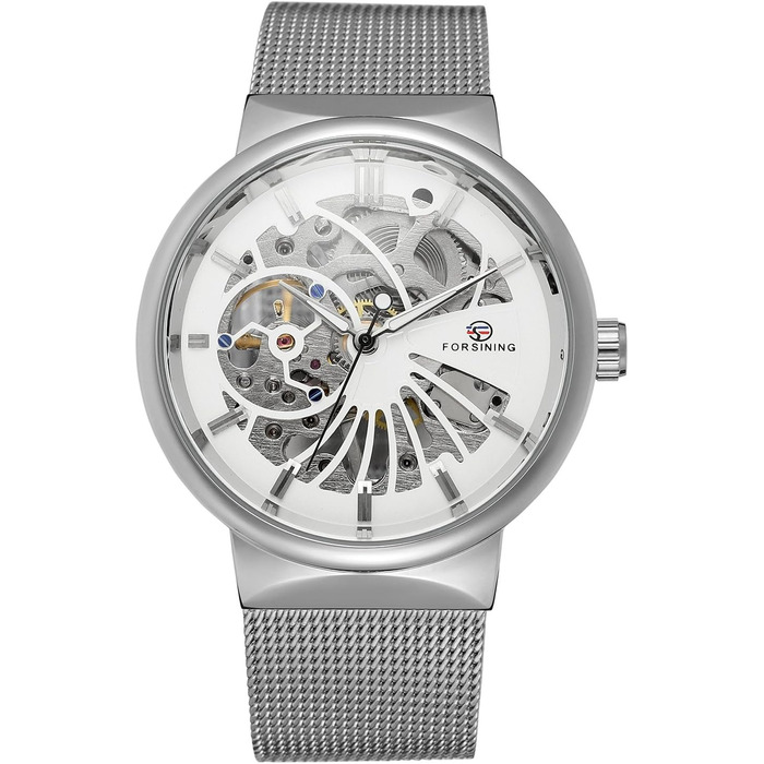 Годинник чоловічий FORSINING Механічний, ультратонкий, з браслетом з нержавіючої сталі, скелетонний, аналоговий (Бежевий)