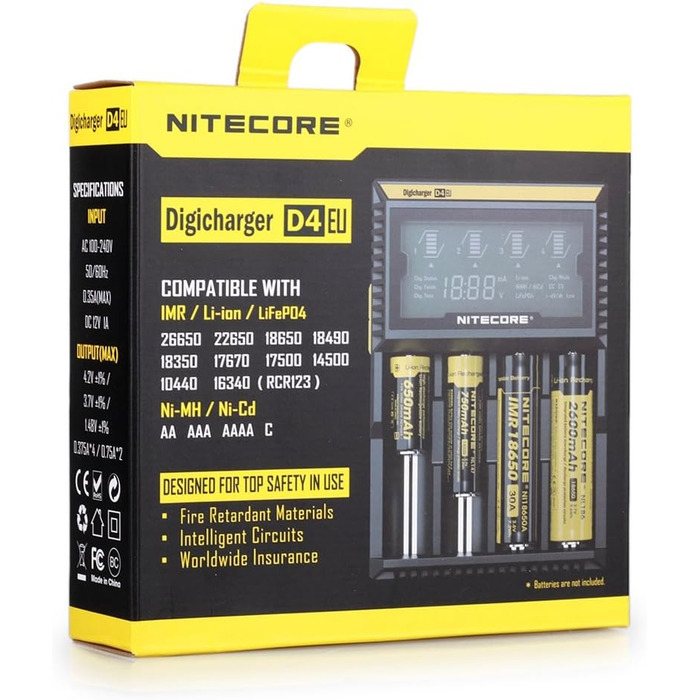 NiteCore D4 EU: Інтелектуальний зарядний пристрій для акумуляторів з LCD-дисплеєм (18650, 18350, 26650, AAA, AA, CR123A)