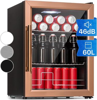 Klarstein Mini Fridge with Glass Door - 60L Compact Beverage Cooler with Adjustable Shelves & Wave Design Racks - Quiet Operation, Copper Finish