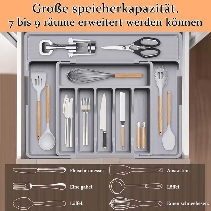 Розширюваний органайзер для столових приборів у шухляду, чорно-сірий. Підставка для ложок, виделок, ножів. Регульований вкладиш для шухляди на кухню.