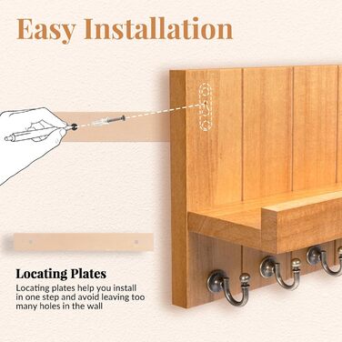 Дерев'яне ключниця з полицею, 5 гачків, для прихожей, вітальні, спальні - жовтий колір