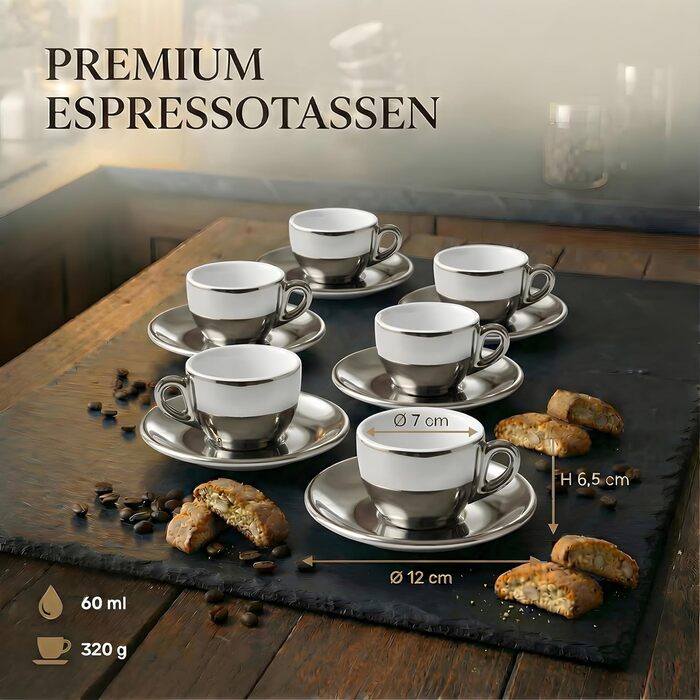 Набір з 6 еспресо-чашок з срібно-хромовим покриттям, італійський стиль, товсті стінки, важкі, 60 мл - подарунковий набір
