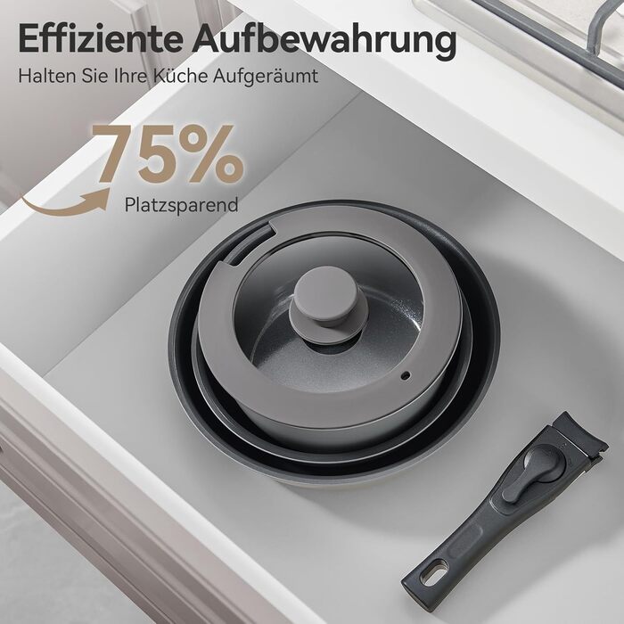 Набір посуду 9-ти частинний з знімним ручками, антипригарне покриття, керамічна сковорода, набір каструль з кришками, для всіх типів плит, безпечний у духовці (сірий)