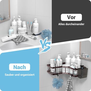 FINIBO Shower Shelf No Drilling, 2 Pack Adhesive Corner Shelf Bathroom Organizer, Shower Shelf Stainless Steel with 4 Hooks and 2 Toothpaste Holders, Black Shower Shelf Shower Basket for Bathroom Kitchen