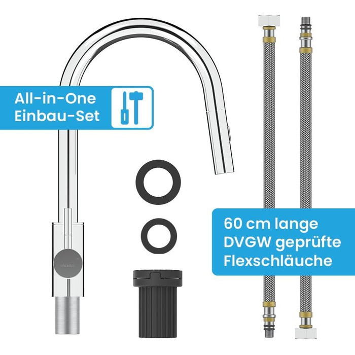 Кухонний змішувач Bächlein Plivo з нержавіючої сталі з висувним виливом, 360° обертання, для кухні, масивний, нержавіюча сталь