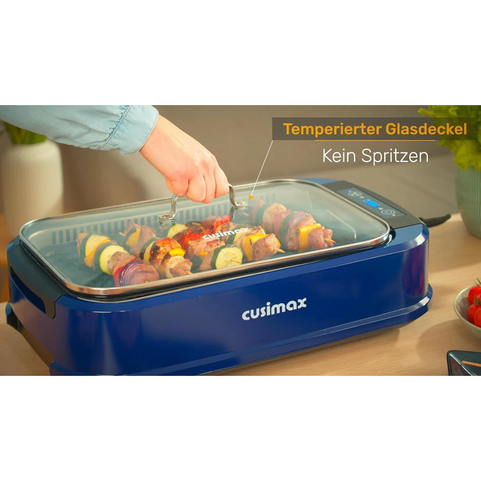 CUSIMAX Steak Grill | 1500W Table Grill Electric | BBQ Grill for Indoor and Outdoor Use | Electric Grill with Lid, Touchscreen Temperature Control, Oil Collection Tray, and Removable Grill Plate Blue