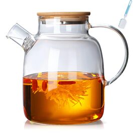 Скляний чайник з ситечком 1800 мл з дерев'яною кришкою, термостійкий боросилікатний чайник для квіткового чаю та соків