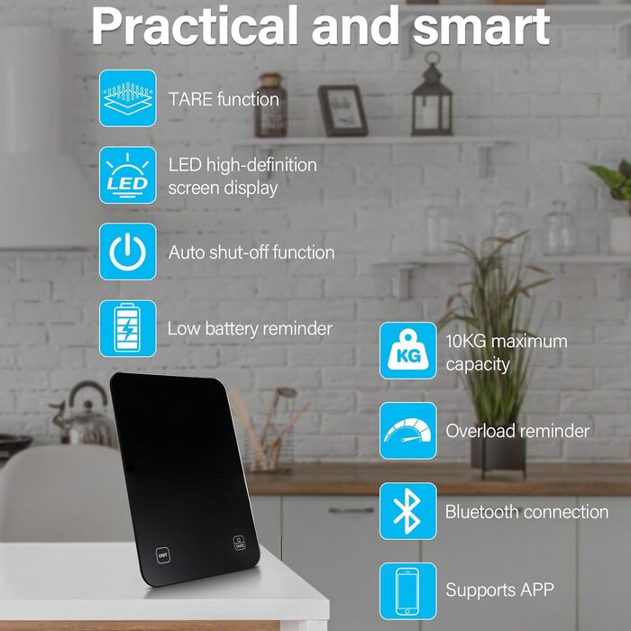 Кухонні ваги Sprifityy: цифрова вага з LCD дисплеєм та підключенням до додатку для аналізу харчової цінності та підрахунку калорій, 5 одиниць (точність 1г), чорний
