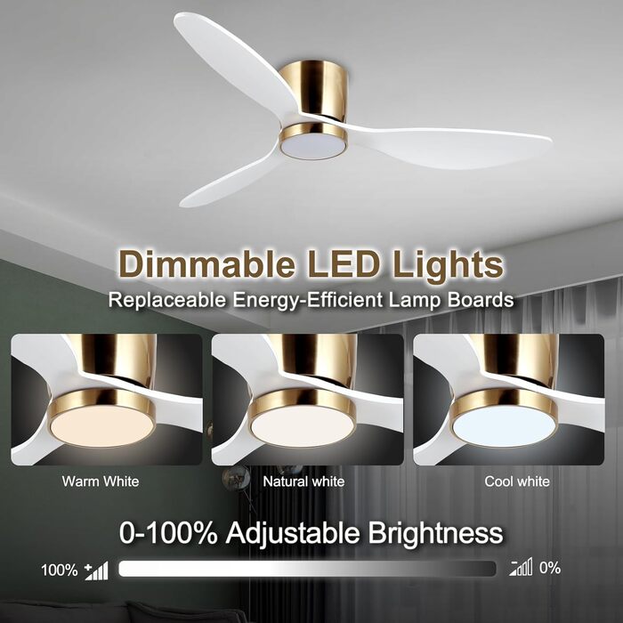 Стеляний вентилятор Reiga з LED-підсвічуванням та пультом керування, 132 см, тихий DC-двигун, 3 колірні температури, 3-лопатевий дизайн з дерева для спальні, вітальні та кухні, білий, монтаж на стелю