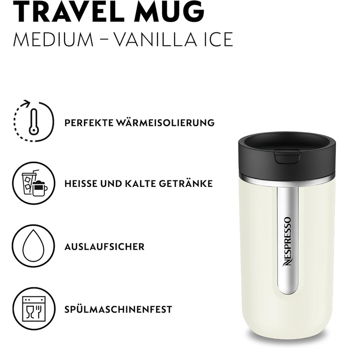 Термокружка Nespresso Travel Mug Small Sage Green 300 мл | Зручна термокружка для кави, чаю, матча | З щільною кришкою, можна мити в посудомийній машині | Сталевий термос-чашка з невеликим об'ємом | Колір: Salbeigrün (Vanilla Ice)
