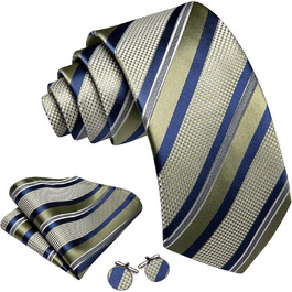 Комплект краваток Barry.Wang для чоловіків: шовкові краватки, кишеньковий хустинка, запонки, краватка в клітинку - святковий варіант для весілля (синьо-зелена смугаста краватка)