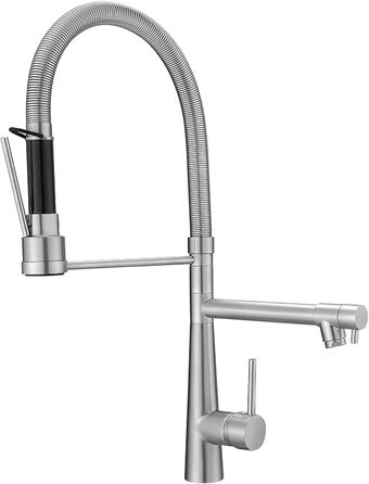 LED кухонний змішувач зі спіральною пружиною, 360° обертання, двотрубний, висувний, для кухні, з душем, високий тиск, нікель, LED, матовий нікель