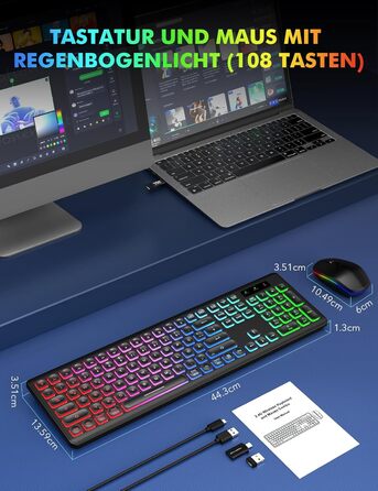 Бездротова клавіатура та миша з підсвічуванням, USB-C, тиха, для Mac/Windows/PC/Laptop, QWERTY (Чорний)