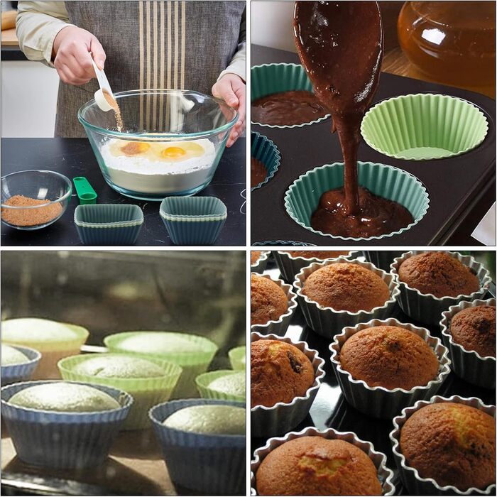 24 Силіконові Формочки для Маффінів, 6 Типів, Багаторазові, Антипригарні, для Випікання, Сумісно з Посудомийною Машиною (4 кольори)