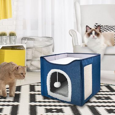 Кітняча хатинка FURRYPAWS - затишний будиночок для котів, підходить для дому та вулиці, стабільна конструкція, ідеально для котів та кошенят (2-ярусний, блакитний)