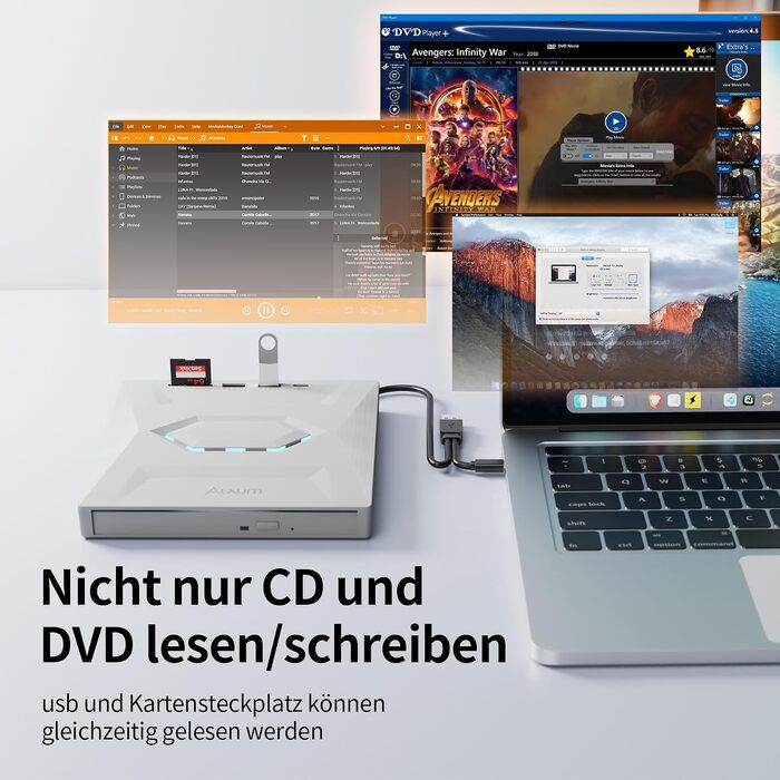 Зовнішній CD/DVD привід Alxum USB 3.0 з картридером SD/TF та додатковим USB-портом, білий