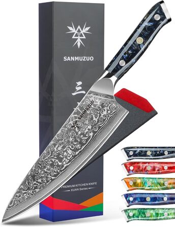 Ніж кухарський SANMUZUO Xuan Serie 20 см, VG10 Дамаск, сталь, ручка з гірського каміння (Чорна зірка)