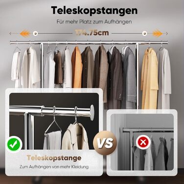 Вішалка для одягу HOKEEPER на колесах, вантажопідйомність 204 кг, висувна штанга для одягу S005