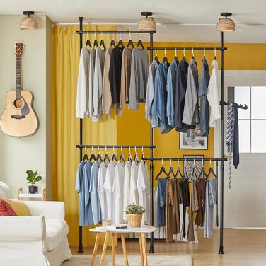 SoBuy KLS03-SCH Clothes Rack Coat Stand with 4 Clothes Rails Telescopic Wardrobe System Adjustable Shelf System black Bra approx. 124-226x200-285cm