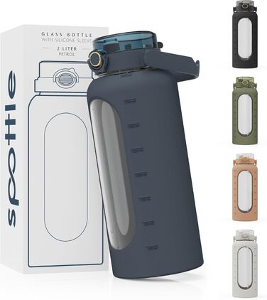 Glass Bottle 2 Liter - Drinking Bottle 2L Glass with Straw - Large Water Bottle with Silicone Sleeve - Leak-proof - Dishwasher-safe - BPA-free (Petrol)