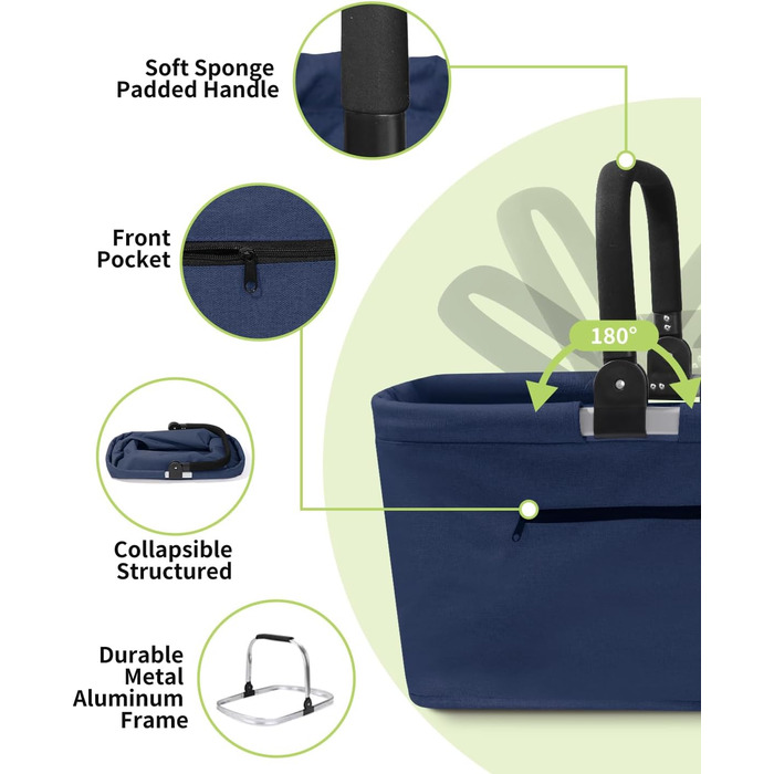 Складаний кошик для покупок на 35L з 2 стійкими ручками, сімейний, з алюмінієвим ручним захопленням, водовідштовхуючий, для пікніків, подорожей, кемпінгу та покупок - (Блакитний, 25L (43x27x23cm))