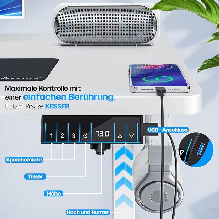 Електричний регульований стіл KESSER 160x70 см з USB, пам'яттю, роликами, для дому та офісу