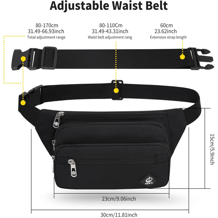 Чоловіча/жіноча поясна сумка на пояс, 60 см ремінь, унісекс, чорна, для подорожей, прогулянок з собакою