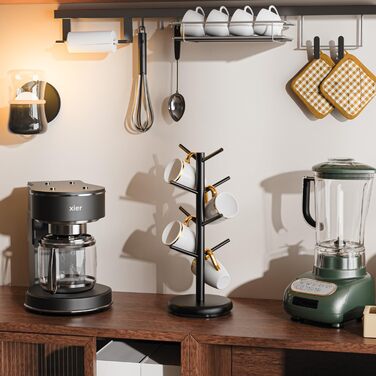 BAMBANG Bamboo Coffee Mug Tree, Swivel Coffee Mug Holder for Countertop, Coffee Mug Shelf with 8 Hooks, Coffee Mug Organizer, Coffee Mug Hanger for Coffee Bar, Black