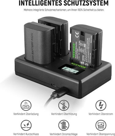 NEEWER Комплект акумуляторів та зарядного пристрою LP-E6NH (3 шт. 2250mAh) з USB зарядкою на 3 слоти, серветка, сумісний з Canon EOS R7, R5, R6, R6 II, R 5DIV, 6DII, 7DII, 80D, 90D