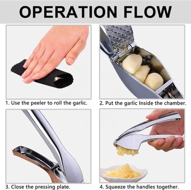 Пресс для часнику з нержавіючої сталі, 15,5 x 2,5 см, кут відкривання 160°, придатний для миття в посудомийній машині, чорно-срібний