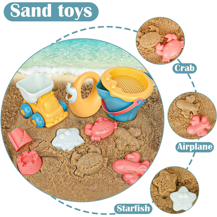 Sanlebi 17-Piece Beach Sand Toy Set with Water Wheel, Beach Buggy, Bucket, Mesh Bag, Sand Molds, Soft Plastic Toy Beach for Kids Boys Girls