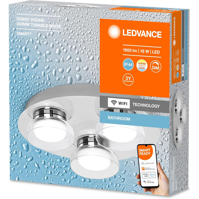 LEDVANCE Smart LED Bathroom Lamp Chrome, 18W, 1800LM, 3000-6500K, 30cm, IP44, Orbis Round Wall Light, Bathroom Light with Wi-Fi Technology, Dimmable, Controllable via App and Voice Assistants