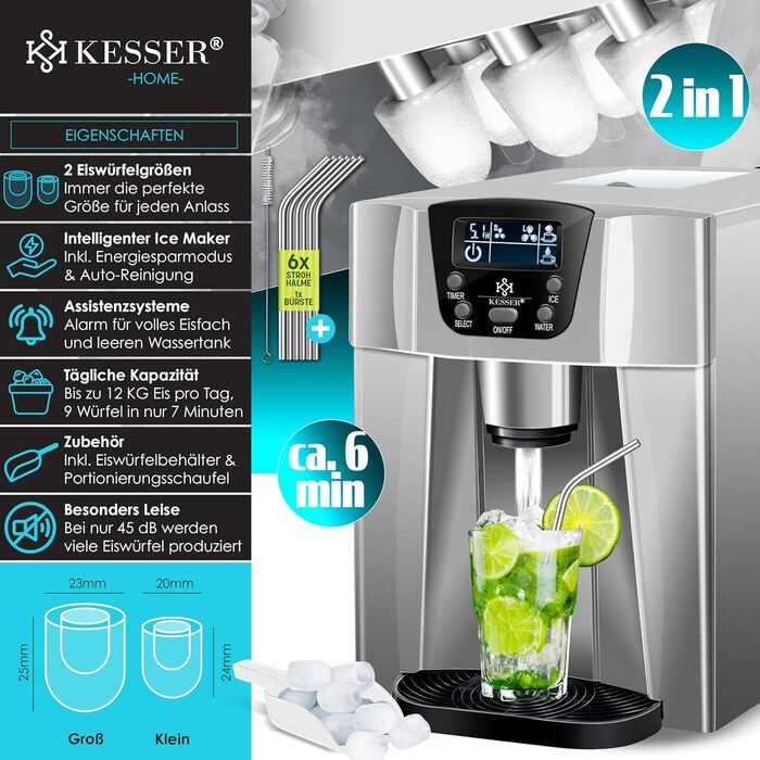 Машина для приготування льоду KESSER® з нержавіючої сталі, 100W, 12 кг/24 год, 2 розміри кубиків, 2 л бак, таймер, LCD-дисплей, з аксесуарами (сріблястий)