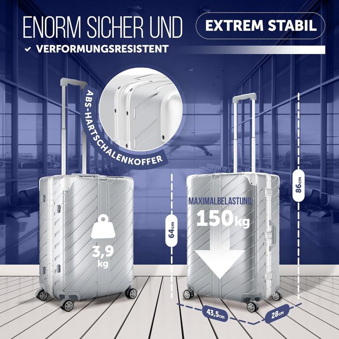 LETTOO Hartschalenkoffer середній 72L з алюмінієвим каркасом | Валіза-тролей з міцним корпусом та кріпленням для сумок [ВОДОНЕПРОНИКНА] Захист кутів (Срібний, валіза-тролей 24 дюймів)