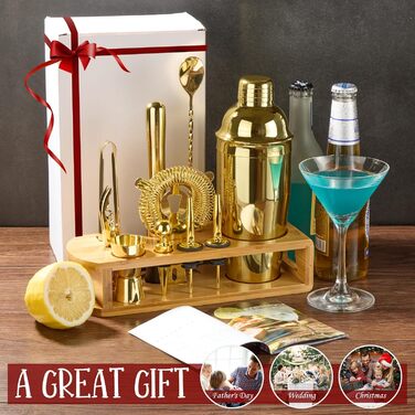 Набір шейкер для коктейлів Barkeeper Kit: 12 предметів з бамбуковим підставкою | Набір бармена з аксесуарами для приготування напоїв, для бару, дому, лаунж та вечірок (Золотий) з титановим покриттям