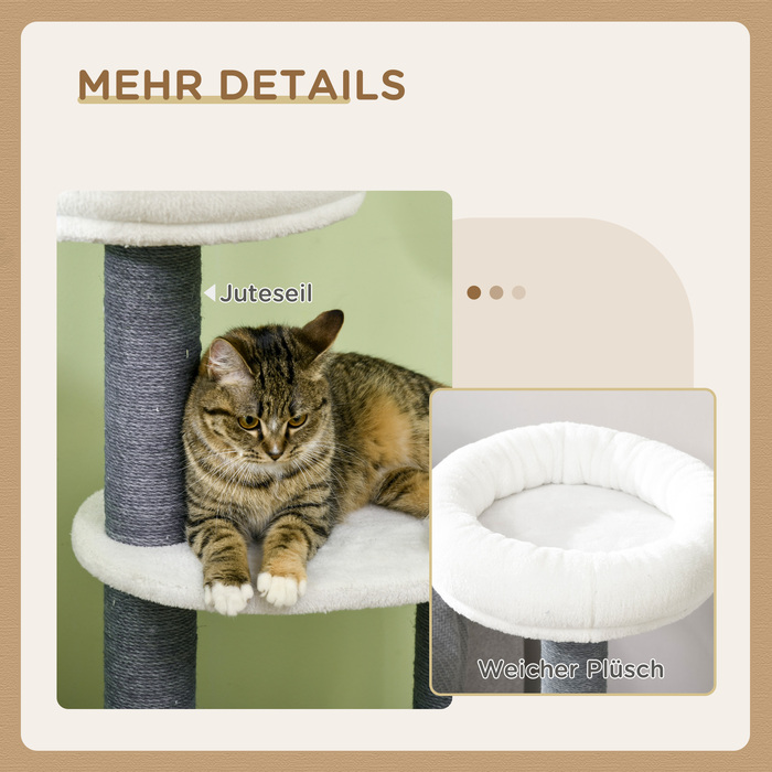 PawHut Драбина для котів з 1 котячою печерою, 1 ліжком для котів, 2 платформами, стовпчиками з джгутового мотузка, білий + сірий