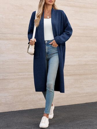 Жіноча в'язана жилетка Fisoew, довгий кардиган, великий розмір XL, відкритий фасон, з кишенями (темно-синій)