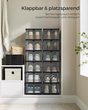 SONGMICS Shoe Cabinet Set, with 18 Shoe Boxes, Integrated Shoe Organizer, Foldable, Portable, for Shoes up to Size 46, 1-Minute Assembly, Transparent-Cloud White LSP207W01 (Transparent + Ink Black, 2)