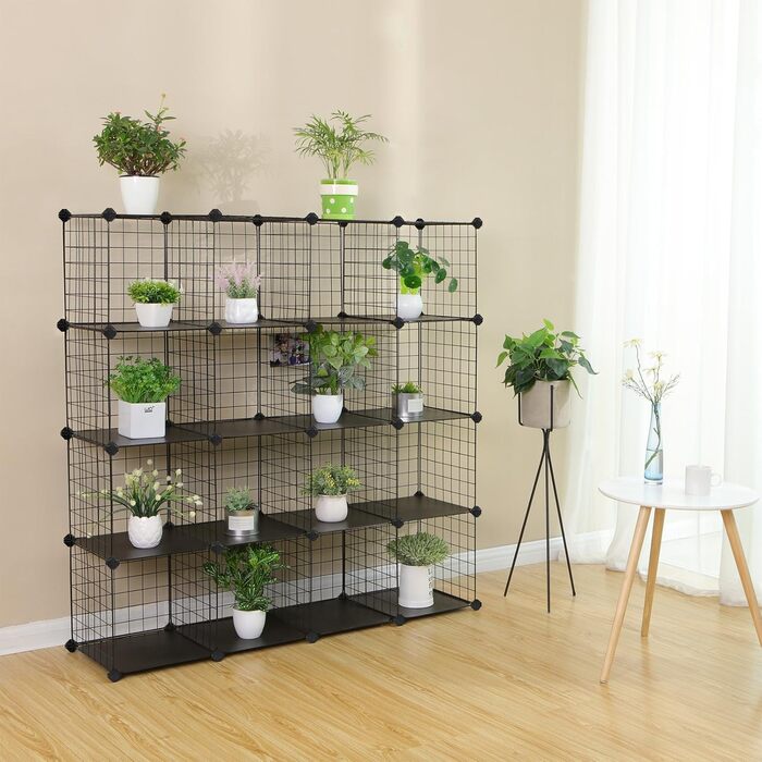 SONGMICS Storage Cubes, 16 Cube Storage System from Metal Wire, DIY, Modular Grid Shelf, with Wire Frame, Black LPI44H