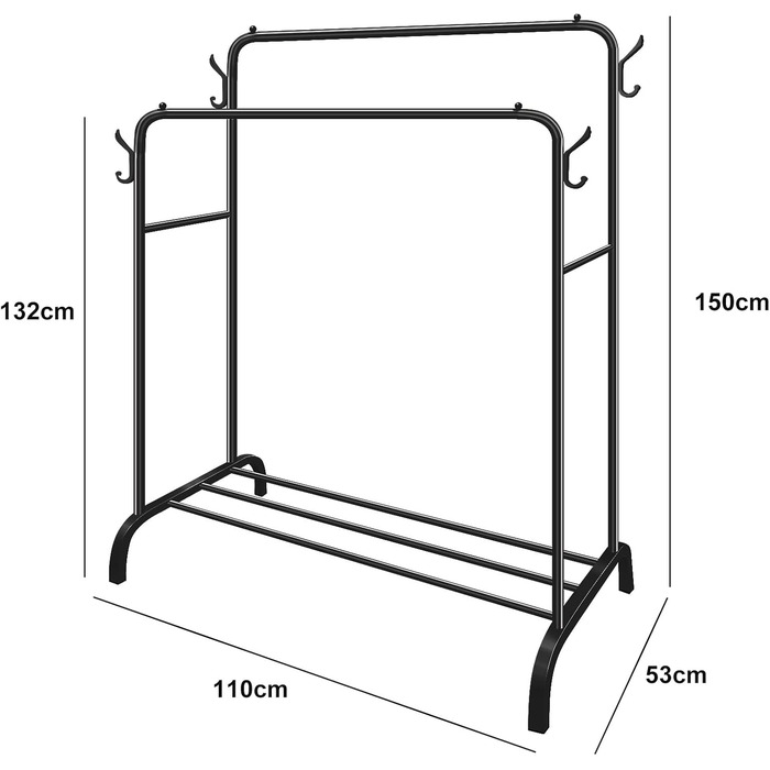 Metal Clothes Rack Clothes Stand Stable, Double Rod Durable with 1 Tier Shelf and 4 Side Hooks, Freestanding Clothes Rack, Multi-Purpose Organizer, Bedroom, Black