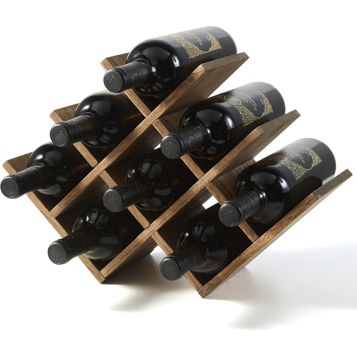 KIRIGEN Wooden 8-Bottle Wine Rack, 3-Tier Wooden Wine Display Rack, Stand and Countertop Wine Storage Rack, Bottle Holder & Glass Shelf for Cabinet. Yellow-Brown