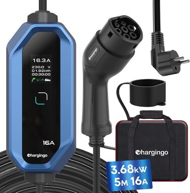 Кабель для зарядки електромобілів Schuko 3.68kW 6-16A з LCD-дисплеєм, 5м, IP65, 16A, для всіх електромобілів (IEC 62196-2, CCS2)