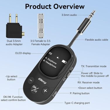 Bluetooth-адаптер 2-в-1 (передавач та приймач) з OLED-дисплеєм, aptX Low Latency, роз'єм 3.5 мм Jack для ТБ, літака, навушників та AirPods, чорний