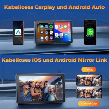 Volam Бездротовий CarPlay/Android Auto дисплей 7 дюймів, сенсорний екран, Mirror Link, навігація, музика, Siri, Google Асистент, Bluetooth 5.0, AUX, FM