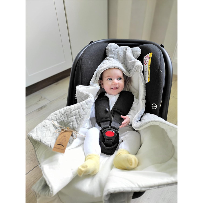 Дитяча ковдра-конверт Bo DANKA для автокрісла, коляски та Maxi Cosi, 80x80 см, з капюшоном і липучкою, універсальна, сіра, для новонароджених, зима-літо