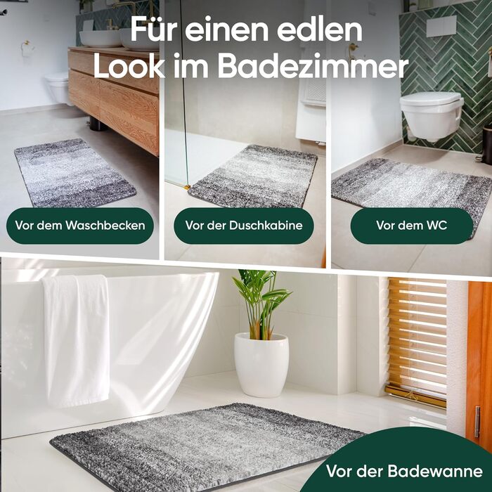 MOSSWANDERER Non-Slip Bathroom Rug - 60x90cm | Washable Luxury Bath Mat | Modern Black & Gray Design | Absorbent Floor Mat for Bathroom, Shower & More