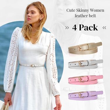 LEACOOLKEY Набір з 4 тонких шкіряних жіночих ременів для суконь, джинсів та штанів з золотою пряжкою (100см, 130см). Підходить для об'єму талії 66-79см та 104-114см. Кольори: золото, сірий, рожевий, фіолетовий