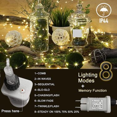 Гірлянда світлодіодна Gresonic 200/300 LED, мікро-сріблястий дріт, для декору інтер'єру та екстер'єру, тепле біле світло, 8 режимів