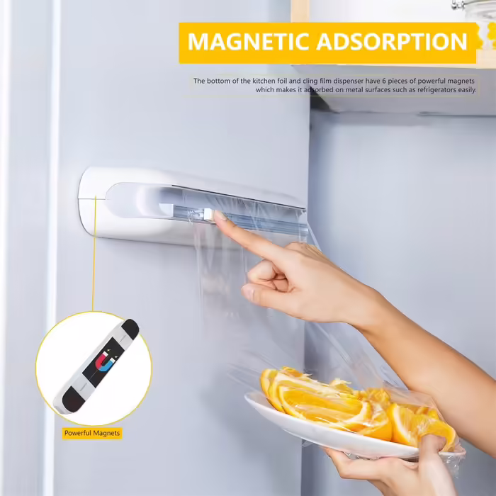Magnetic Foil Dispenser with Cutter - Improves cling film dispensers, Practical cutter for plastic wrap & aluminum foil - Cling film roller for kitchen drawer, White